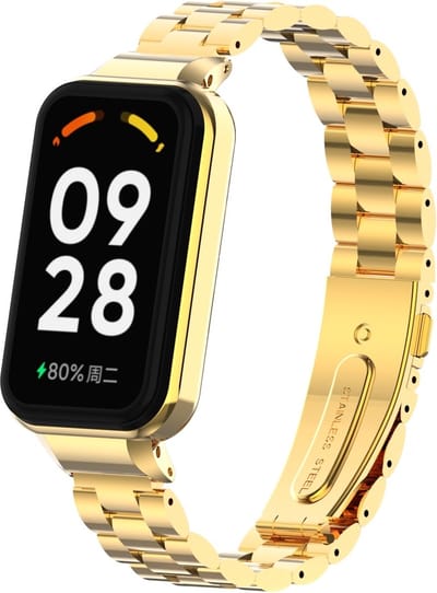 Strap-it Stalen schakel Activity tracker bandje - Geschikt voor Xiaomi Redmi Smart Band 2 / Xiaomi Smart Band 8 Active - goud