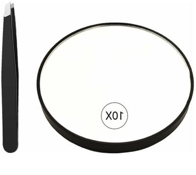 TOVBMUP 10x vergrootglas - Draagbare ronde spiegel - Zuignap reisset - Vergrotende make-upspiegel voor de badkamer - Geschikt voor wenkbrauwen, pincetten, mee-eters en oneffenheden - Diameter 8,8 cm - Wordt geleverd met 1 pincet