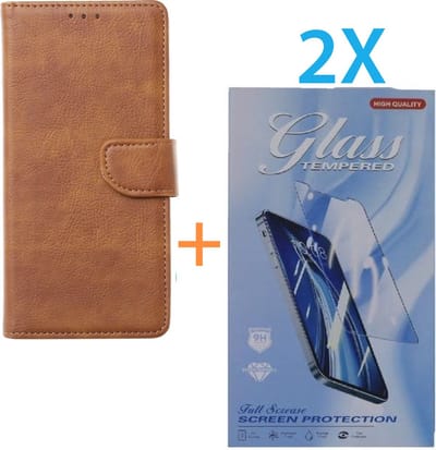 Bookcase Geschikt voor: Apple iPhone 16 - Lichtbruin - portemonnee hoesje - + 2X Tempered Glass Screenprotector