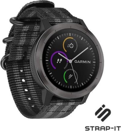 Strap-it Nylon gesp smartwatch bandje - geschikt voor Garmin Vivoactive 3 / Vivoactive 5 / Venu / Venu SQ / Vivomove HR / Forerunner 245 / 570 - 42mm / 645 - zwart/grijs