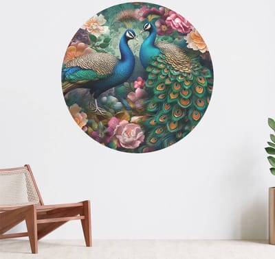 Muurcirkel zelfklevend behang - Bloemenbal met Pauwen - Wanddecoratie - 080cm behangcirkel - Ronde sticker voor aan de muur - Behangsticker verkrijgbaar in verschillende formaten