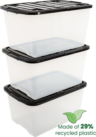 IRIS Topbox Opbergbox half te openen deksel - 45L - Kunststof - Transparant/Zwart - Set van 3