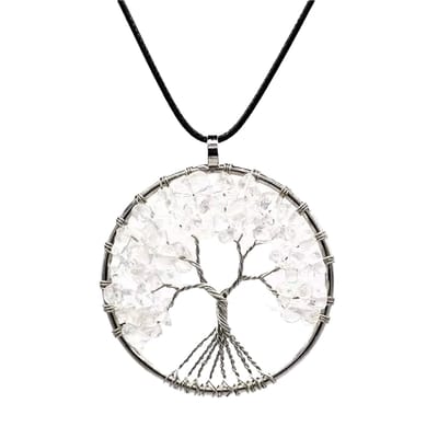 ASTRADAVI Kristal Tree of Life - Hanger - Levensboom Positieve Energie Hanger met Ketting - Chakra Kristal Edelstenen - Wit Kristallen met Zwart Vegan Lederen Koord