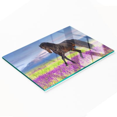Duurzaam en stijlvol glazen bord met een paarden- en lavendelveldpatroon, 80x52 cm