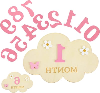 Set Houten Mijlpaalkaarten voor Baby's, Cloud Mijlpaalkaarten, DIY Roze Cijfers voor 1-12 Maanden, Perfect voor Babyshower en Fotomomenten
