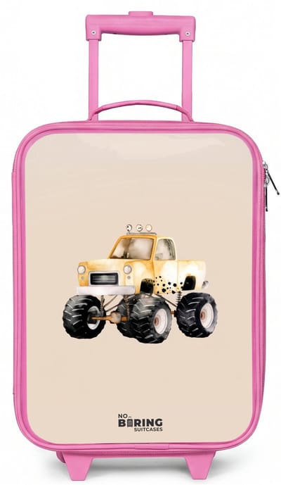 NoBoringSuitcases.com® - Kinderkoffer roze - Kindertrolley meisje - Gele monstertruck op een beige achtergrond - Koffer kind lichtgewicht - Reiskoffer trolley voor kinderen - Koffertje met lichtgevende wieltjes - Rolkoffer
