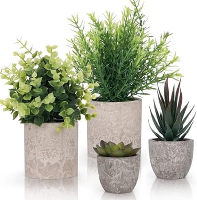 PromoHome Kunstplanten Set van 4 - Kunstmatige Planten in Pot met Realistische Uitstraling - Vetplanten, Eucalyptus en Siergras voor Binnen - Groene Decoratie voor Kantoor, Badkamer en Huis