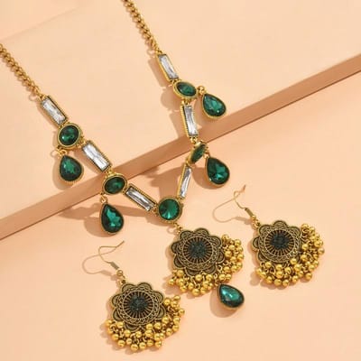 Retro Etnisch Feng Shui Druppel Hanger Sieraden Set Dinerfeest Luxe Kleine Bloem Oorbellen Rechthoekige Ketting Dames