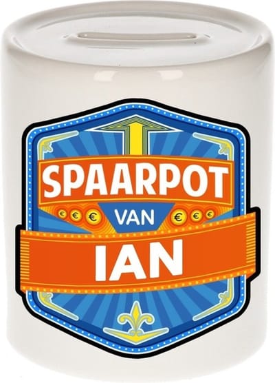 Bellatio Decorations Kinder spaarpot met naam - Ian - keramiek - met dop - wit - Sparen - Spaargeld van Ian