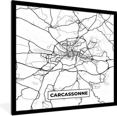 Fotolijst incl. Poster Zwart Wit- Frankrijk - Kaart - Plattegrond - Carcassonne - Stadskaart - Zwart wit - 40x40 cm - Posterlijst