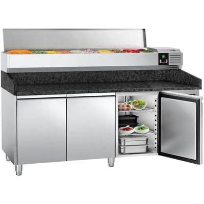 GGM Gastro Pizzakühltisch PREMIUM - 2000x800mm - mit 3 Türen - inkl. Kühlaufsatzvitrine - 10x GN 1/4 Zilver