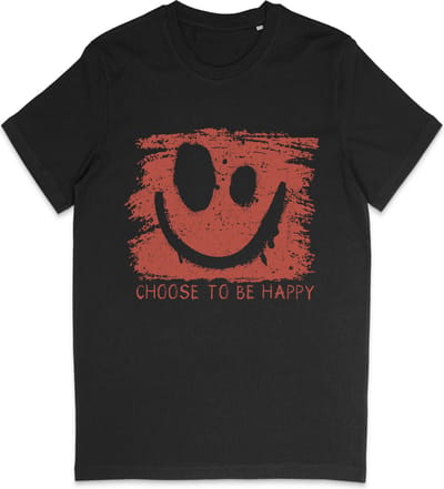 T Shirt Heren en Dames (Unisex) Be Happy Smiley Rode Grunge Print Opdruk - Zwart - Maat XS