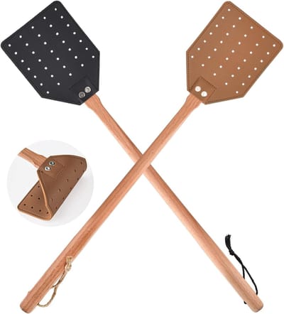 2 stuks vliegenmepper, van leer, stabiel met houten steel, insectenverdelger voor binnen en buiten, vliegendoder, muggenverdelger