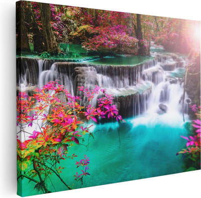 Artaza Canvas Schilderij Waterval - 40x30 cm - Klein - Wanddecoratie Landschap - Muurdecoratie Tropisch Bos - Kamer Accessoires Bloemen