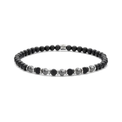Frank 1967 – Heren Armband – 7FB-0711 Kralen Armband 4mm - Hematite - Zwart Agaat - 18cm - Rekbaar - Zilverkleurig