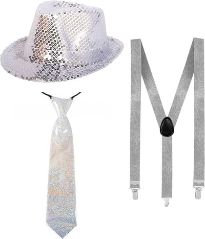 Folat Verkleedkleding set - hoed met stropdas en bretels - zilver - glitters - volwassenen - disco verkleedaccessoires