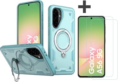 Hoesje Geschikt voor Samsung Galaxy A56 met 2 Stuks gehard glas Screenprotectors - Armor hoes met Ringhouder - Arara backcover - Lake Blauw