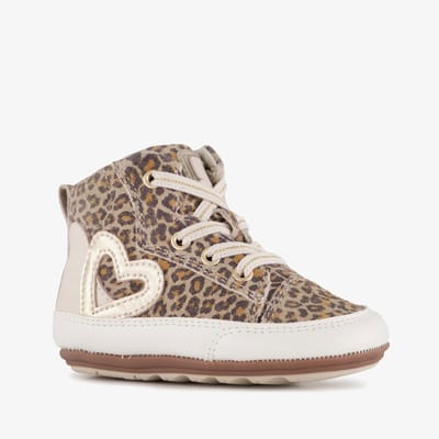Groot leren babyschoenen met panterprint beige bruin - Maat 18 - Uitneembare zool - In cadeauverpakking