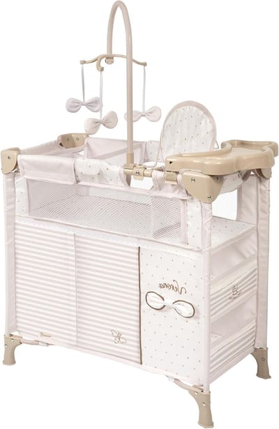Poppenkast met accessoires - Poppenkamer meubel - Poppen verzorgen - Luxe design details - 61 cm hoog - Wit en beige