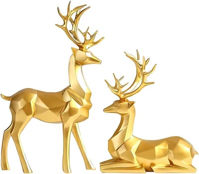 VHV - Woondecoratie - Hert decoratie - Geometrisch beeldje - Set van 2 - Kunsthars - Modern - Voor woonkamer, kantoor en kast - Luxe decoratie - Cadeau idee - Goud
