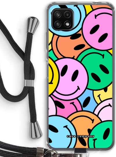Case Company® - Hoesje met koord geschikt voor Samsung Galaxy A22 5G hoesje met Koord - Smiley N°1 - Telefoonhoesje met Zwart Koord - Bescherming aan alle Kanten en Over de Schermrand