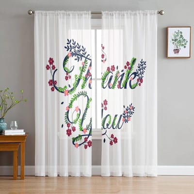 Zomer Groene Bladeren Tekst Illustratie Gordijn Tule Decoratieve Transparante Gordijnen voor Woonkamer Slaapkamer Keuken Huis Raampanelen 135W x 114H(cm) white