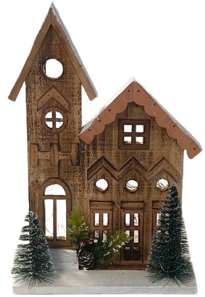 Sfeervol Houten Kersthuisje met kerstbomen kerktoren LED-verlichting | HCM24042 | Staand | Hendriks Deco
