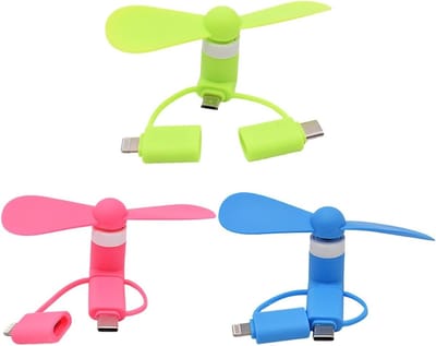 Draagbare Mini Ventilatoren voor Mobiele Telefoons - 3-in-1 USB Ventilator voor Android en Type-C Telefoons, Ideaal voor Warm Weer en Reizen (Rood, Groen, Blauw)