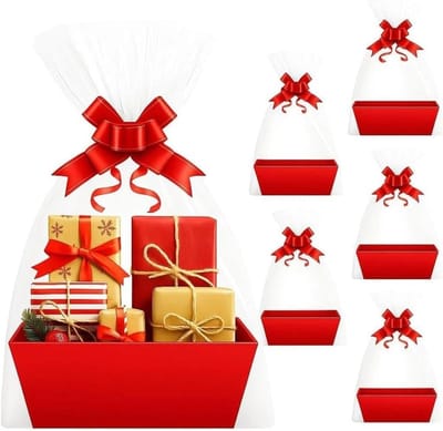 Lege geschenkmand met handvat in rood, ideaal voor cadeaus, kerst, bruiloften en verjaardagen, inclusief 5 krimpfolies en strikken.