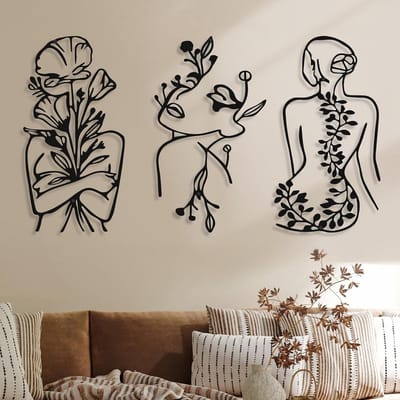 3x Metalen Wanddecoratie Abstracte Vrouw - Minimalistische Lijntekening Muurkunst voor Woonkamer en Slaapkamer