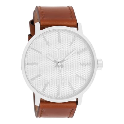 OOZOO Timepieces - Zilverkleurige horloge met bruine leren band - C10035