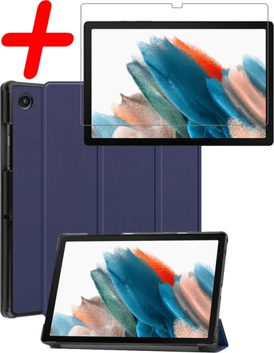 Hoesje Geschikt voor Samsung Galaxy Tab A8 - Met Screenprotector - Trifold Bookcase - Hard Cover - Hardcover Book Case - Tablet Hoes - Donkerblauw