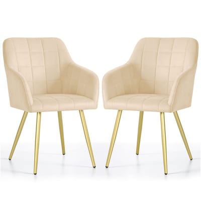 Set van 2 Eetkamerstoelen LUXANO met Armleuningen / Gestoffeerde Stoelen / Fluwelen Stoelen en Metalen Poten / Beige met gouden benen