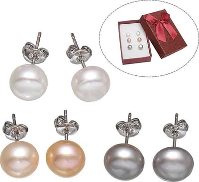 Zoetwater parel oorbellen cadeau set Mea-Zea-Gea - oorknoppen - echte parels - wit - zalm - grijs - parel oorbellen dames - parel oorknopjes