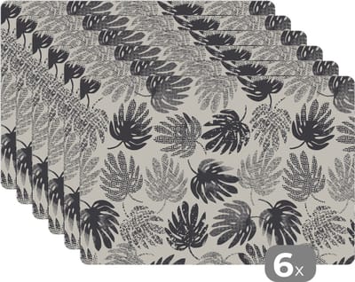 Placemat - Placemats kunststof - Monstera - Zwart Wit - Patronen - Vintage - 45x30 cm - 6 stuks - Hittebestendig - Anti-Slip - Onderlegger - Afneembaar