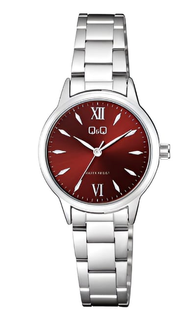 Q&Q Q11A-003PY - Horloge - Polshorloge - Analoog - Vrouwen - Dames - Stalen band - Rond - Metaal - Romeinse Cijfers - Strepen - Zilverkleurig - Rood