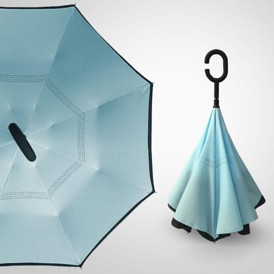 Parapluie Inversé Double Fibre Imperméable Léger Parapluie Inversé avec Poignée en Forme de C Gris bleu ciel
