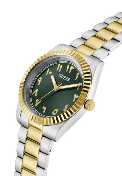 Guess Connoisseur Analoge Kwartshorloge Zilverkleurig En Goudkleurig Kast Gemaakt Van 100% Roestvrij Staal En Een Horlogeband Van 100% Roestvrij Staal 42 GW0736G1, GW0736G2
