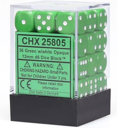 Chessex Opaque Groen/wit D6 12mm Dobbelsteen Set (36 stuks)