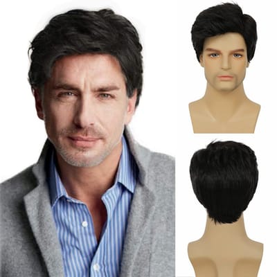 Daity Een korte, zwarte synthetische pruik voor heren, geschikt voor Halloween en dagelijks gebruik, met een zachte en natuurlijke haarstructuur (zwart).