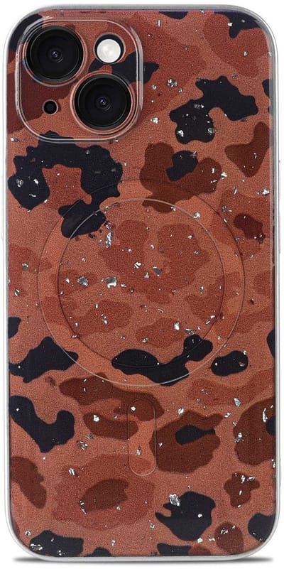 Casemania Hoesje Geschikt voor Apple iPhone 13 - Bruin - Luipaard Glitter Back Cover met Camera Bescherming - Geschikt voor MagSafe