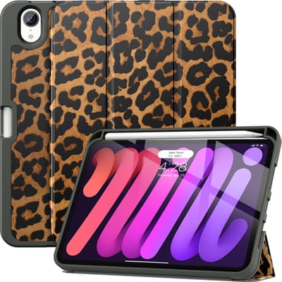 Geschikt Voor iPad Mini 7 hoes en geschikt voor iPad Mini 6 hoes - Mini 2024 Hoes - Solidenz Trifold Bookcase - Mini 2021 Cover - Met Autowake - Met Standaard - Hoesje Met Pencil Houder - Panterprint hoesje - Luipaard