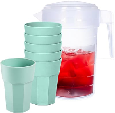 Plasticforte Waterkan van 2 Liter - transparant - kunststof - met 6x stuks onbreekbare drinkglazen - groen - 520 ml