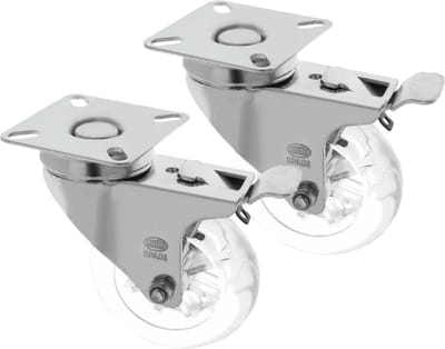 AMIG zwenkwiel/transportwiel met rem - 2x - D75mm - polycarbonaat - 100kg draagvermogen - transparant