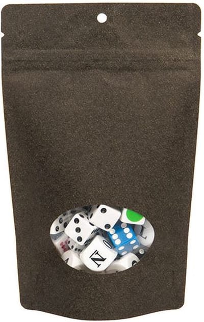 Stazakken Kraft Zwart met ovaal Venster en ophanggat 13x8x20,5cm | 113 gram (100 stuks) | Doypacks | Stand up pouches