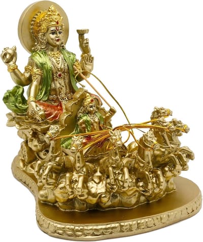 Heer Surya Standbeeld - God Beeldje Idol - Religieus Handwerk - Niet-giftig Poly Stone - 15H CM - Antiek Goud