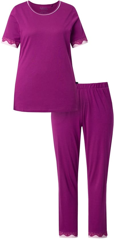 Ulla Popken - Dames - Pyjama kanten randen ronde hals korte mouw - Bes - Maat 54+