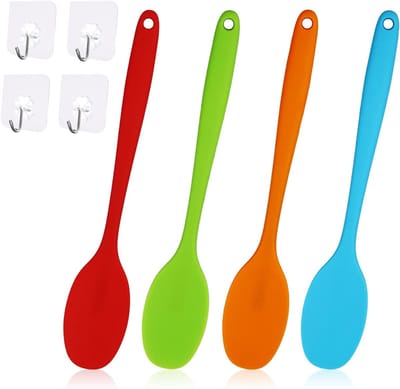 Set van 4 siliconen lepels, 27,9 cm roerlepel, hittebestendig, siliconen kookgerei, siliconen lepel voor keuken (27,7 cm lang), met 4 Tr haken