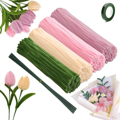 240 Stuks Pijpenragers voor Creatieve Projecten, Chenille Draad in 4 Kleuren met Groene Stelen en Lijmtape voor Bloemstukken en Tulpenboeketten maken
