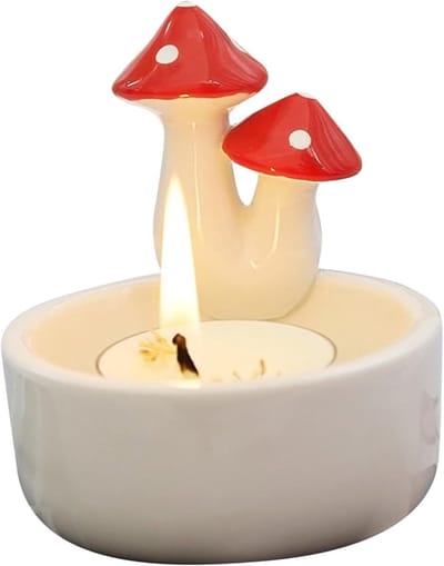 Kaars Stick Houder - Paddestoel Decoratie - Sfeervolle Verlichting - Keramiek Hoge Temperatuur - 8 cm Hoog - Wit Rood